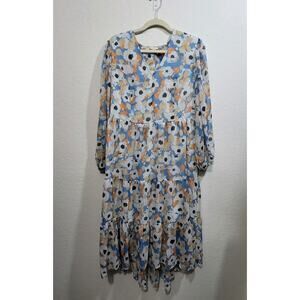 Joie Women's M Floral Fields Tiered Boho Midi Dress Line V-Neck Balloon Sleeve